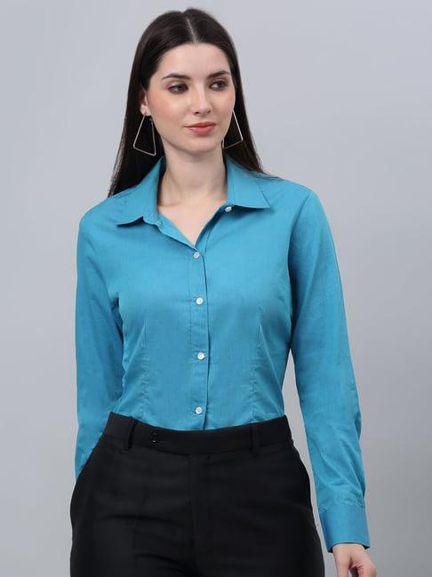 crozo by cantabil turquoise cotton regular fit shirt