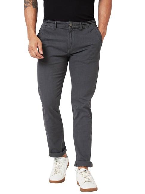 spykar dark grey regular fit flat front trousers