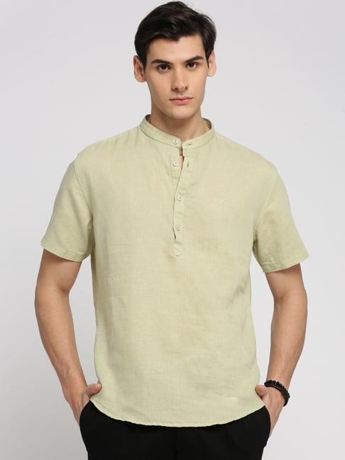 showoff sea green linen slim fit short kurta