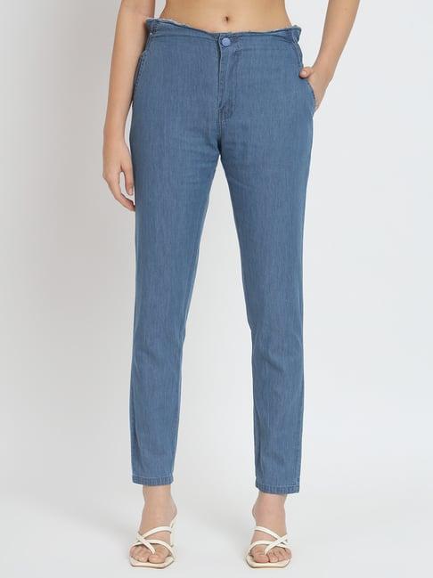 angelfab blue denim straight fit high rise trousers