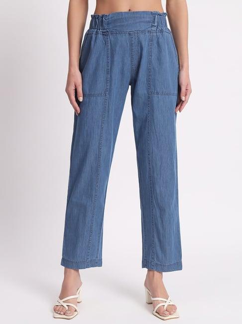 angelfab blue denim straight fit high rise trousers