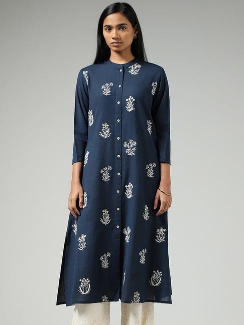 utsa by westside indigo floral embroidered buttoned down kurta