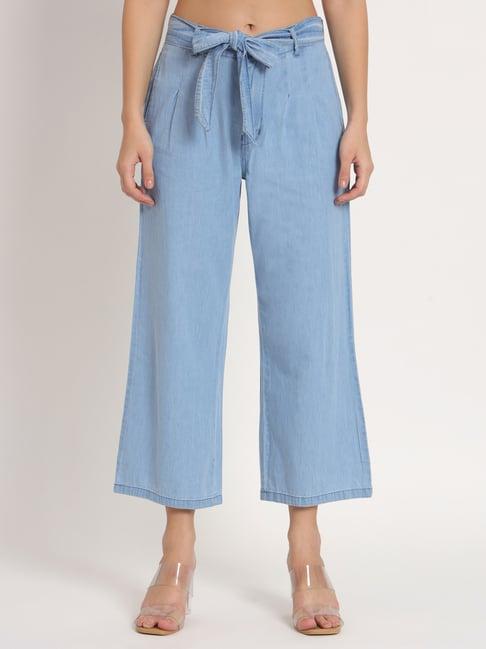 angelfab sky blue denim straight fit high rise trousers