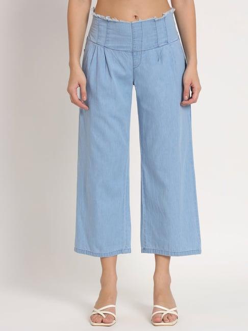 angelfab sky blue denim straight fit high rise trousers