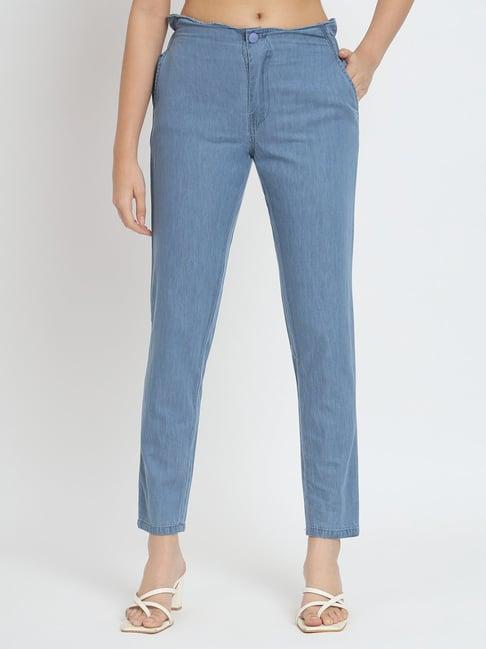 angelfab sky blue denim straight fit high rise trousers