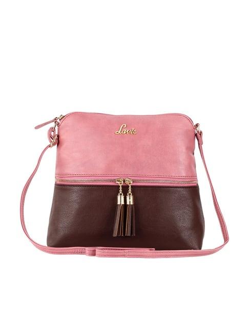 lavie tassel dome pink & brown polyester color block sling handbag