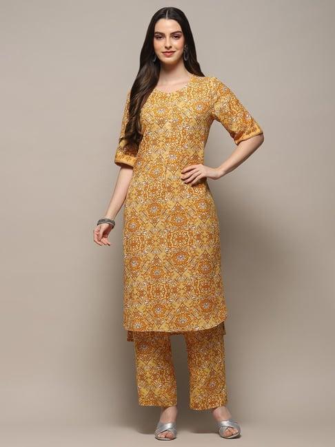 biba yellow floral print kurta palazzo set