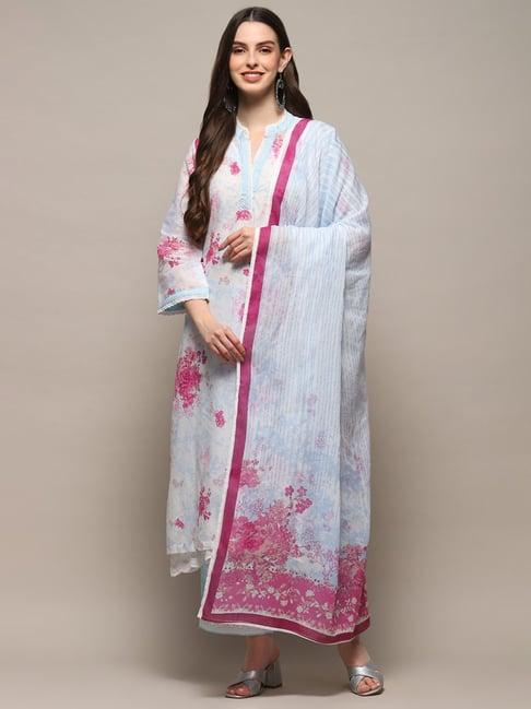 biba blue cotton floral print kurta palazzo set with dupatta