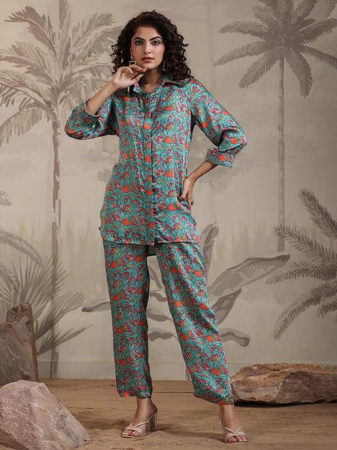 scakhi blue floral print tunic & pant set