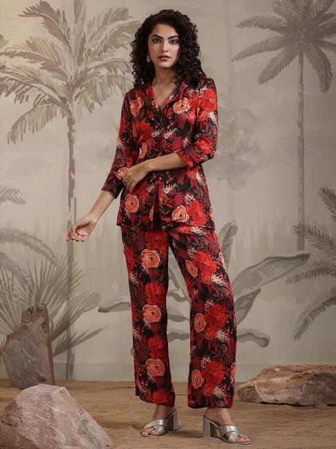 scakhi red floral print tunic & pant set