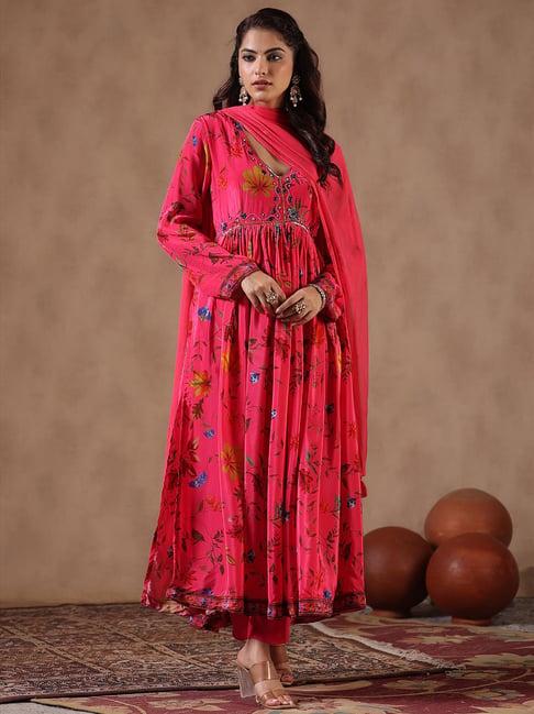 scakhi pink embellished kurta with pant & dupatta