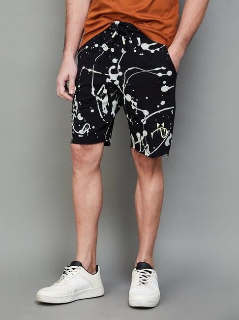 smileyworld black cotton regular fit printed shorts