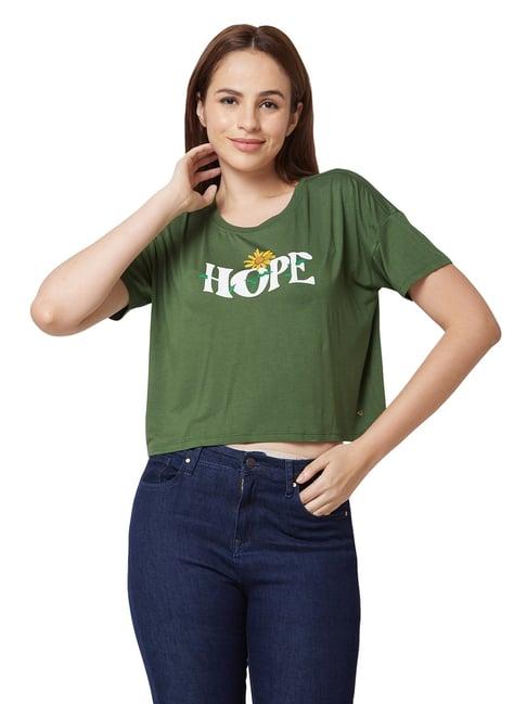 spykar green graphic print crop t-shirt