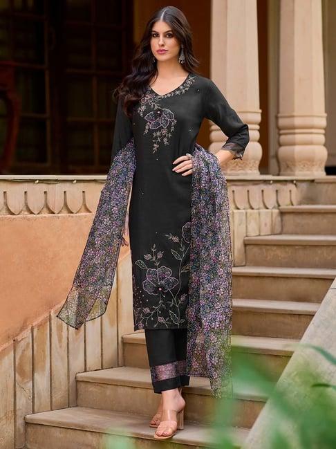 indo era black embroidered kurta with pant & dupatta