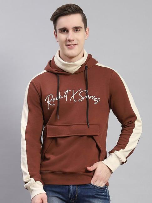 rock.it coffee brown regular fit colour block hooded sweatshirt