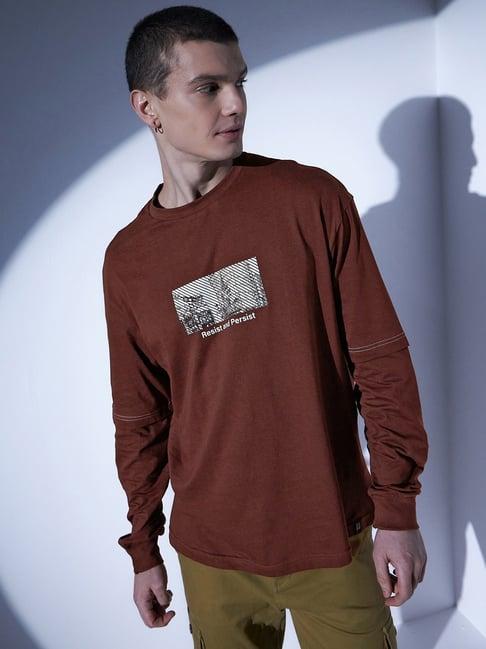 hubberholme brown cotton relaxed fit printed t-shirt