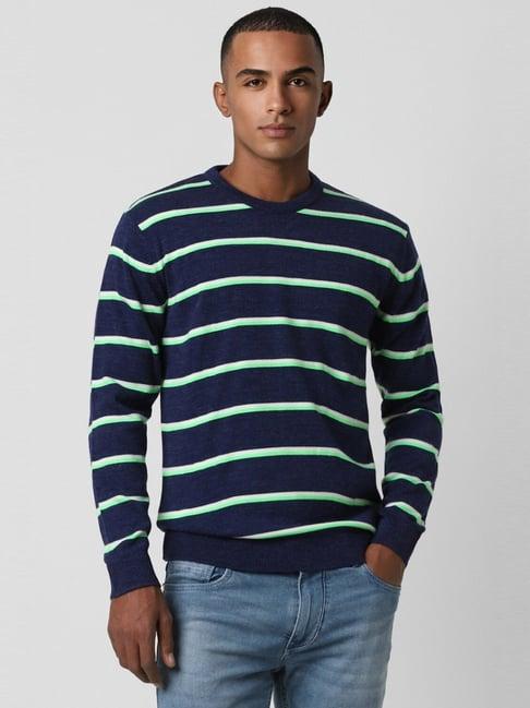 peter england navy cotton regular fit striped sweater