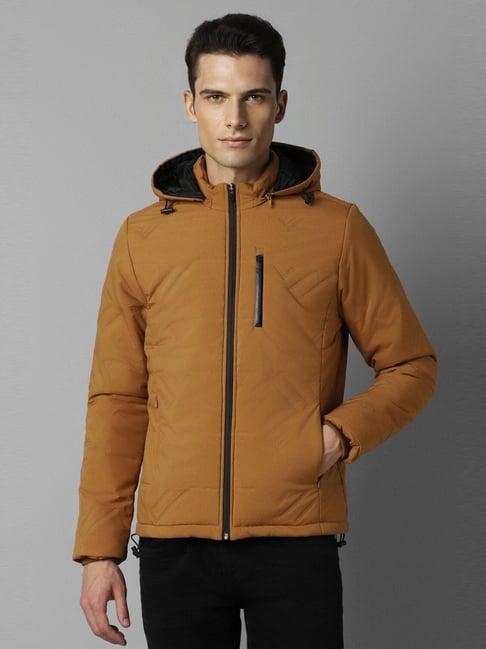 louis philippe orange cotton regular fit quilted hooded jacket