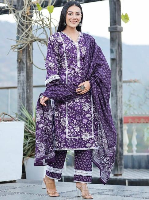 yufta purple pure cotton floral print kurta with pant & dupatta