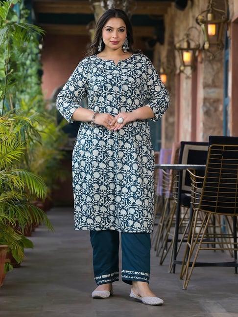 yufta teal pure cotton floral print plus size kurta pant set