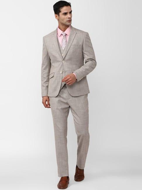 van heusen khaki skinny fit textured three piece suit