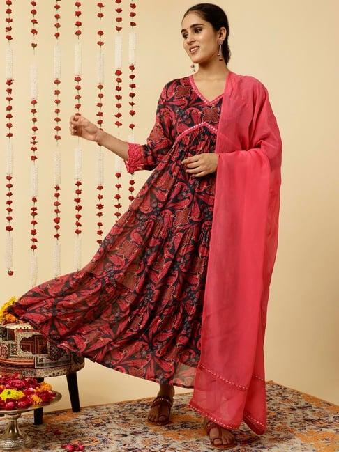 jaipur kurti fuchsia printed flared kurta with dupatta