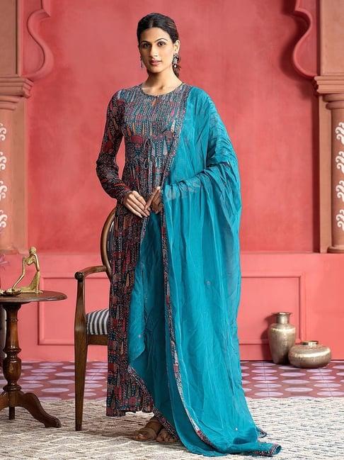 jaipur kurti teal printed flared kurta with dupatta