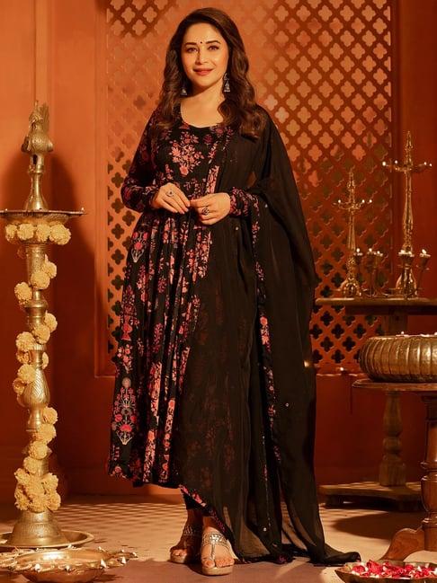 jaipur kurti black printed anarkali kurta with churidar & dupatta