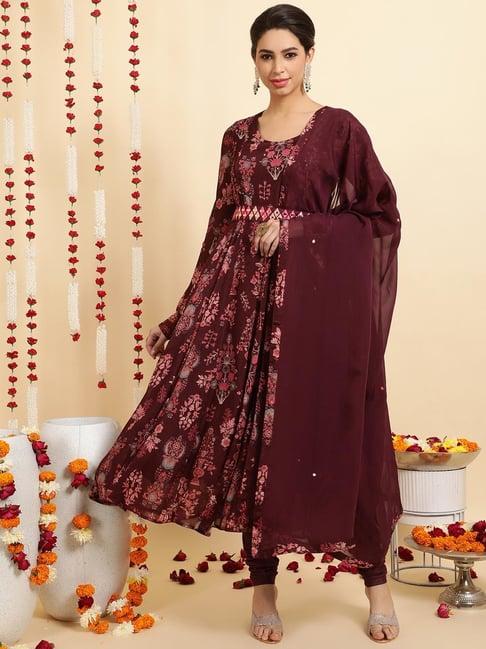 jaipur kurti wine printed anarkali kurta with churidar & dupatta