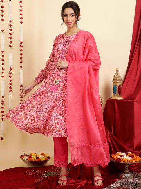 jaipur kurti pink floral print anarkali kurta with pant & dupatta