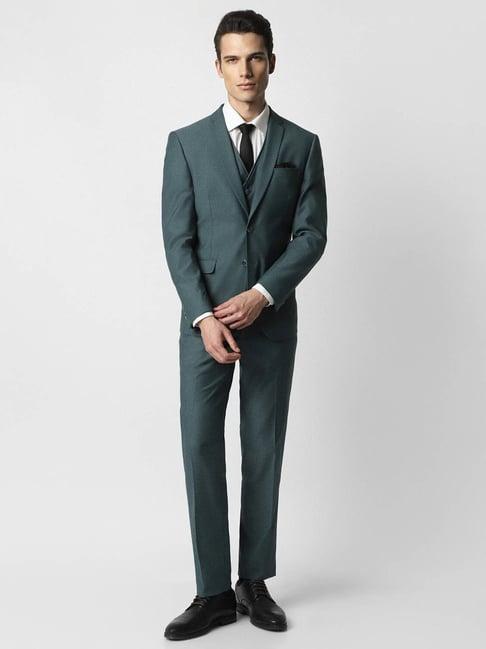 van heusen green slim fit texture three piece suit