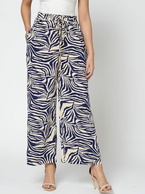 vero moda off white & blue printed high rise pants