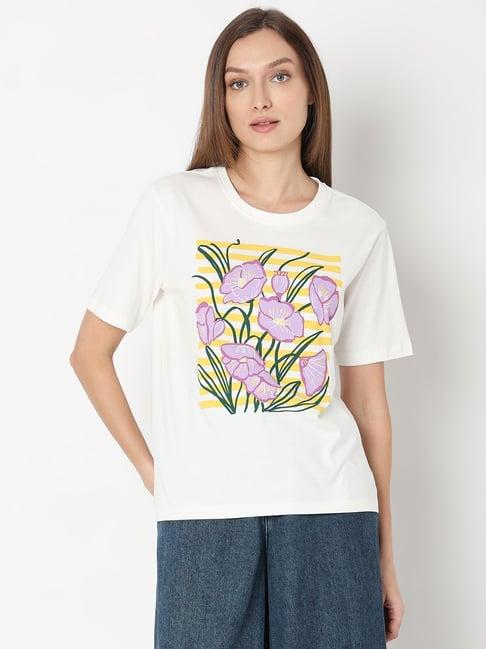 vero moda white cotton floral print t-shirt