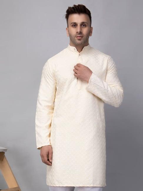 hangup cream regular fit embroidered kurta