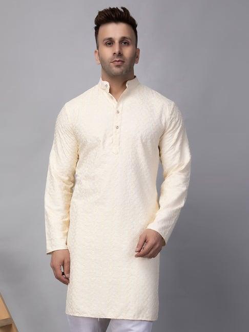 hangup cream regular fit embroidered kurta