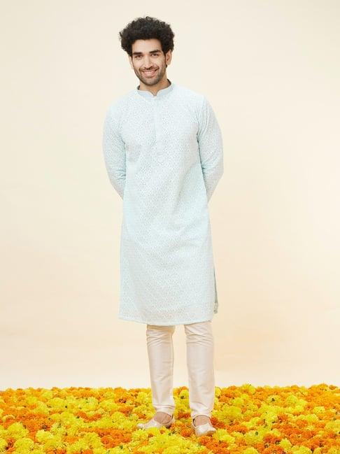 manyavar light blue & cream regular fit embroidered kurta & pyjamas set