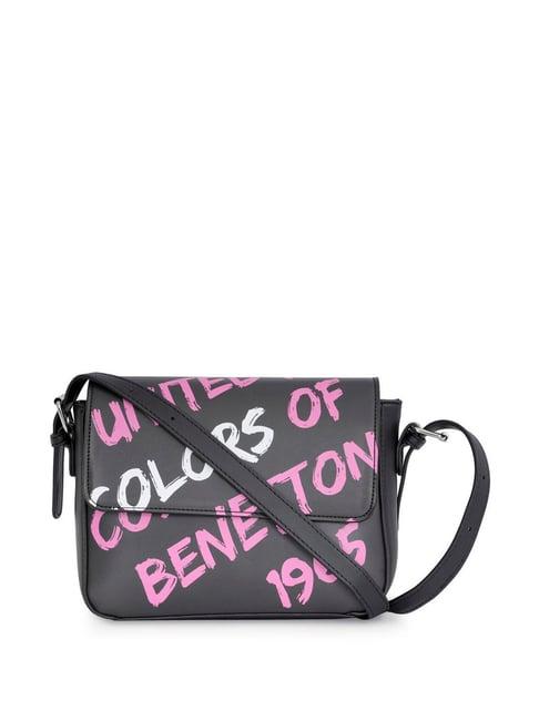 united colors of benetton rylie black pu printed sling handbag