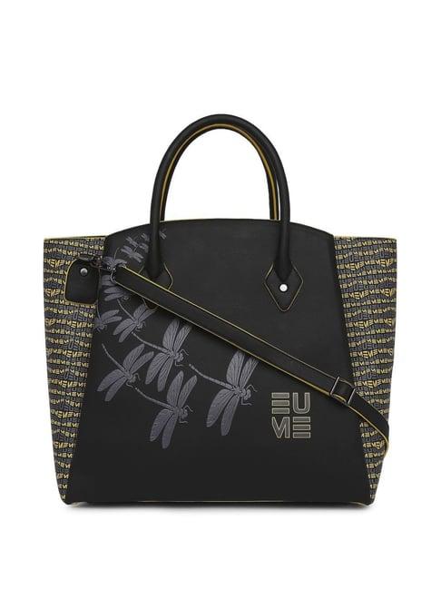 eume dragonfly black leather printed handbag