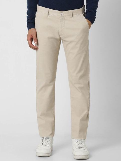 van heusen beige cotton slim fit checks trousers