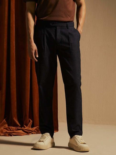 andamen navy regular fit textured pleated trousers