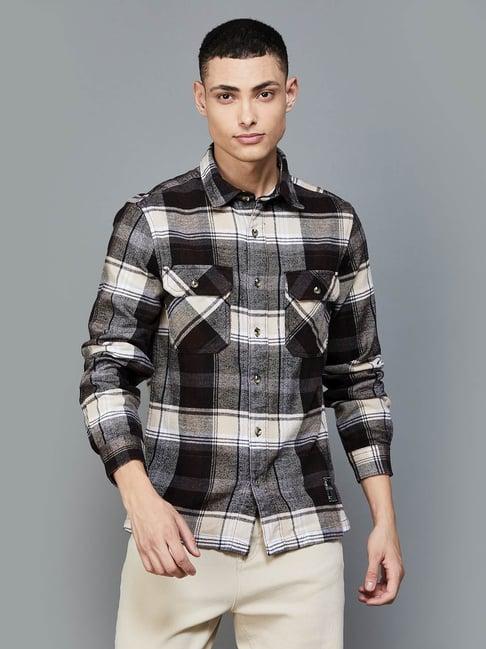 bossini beige cotton regular fit checks shirt