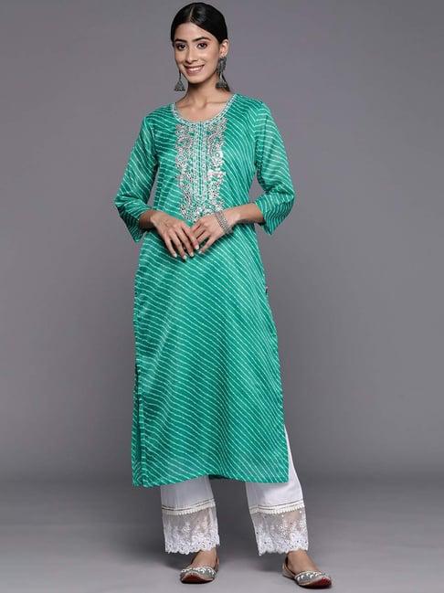 varanga green cotton striped straight kurta