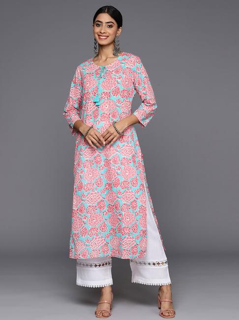 varanga turquoise cotton floral print straight kurta