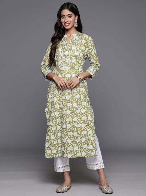 varanga green cotton floral print straight kurta