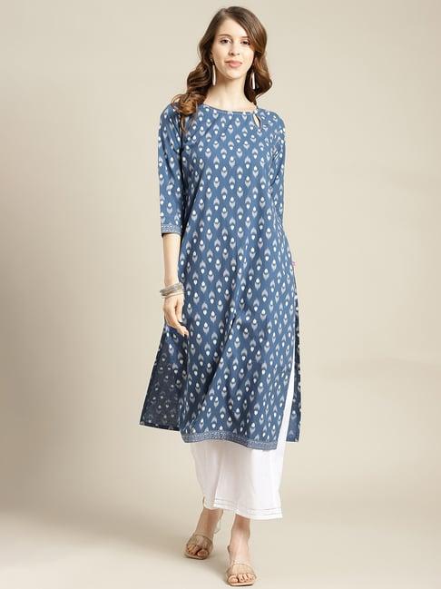 varanga blue & white printed kurta palazzo set with dupatta