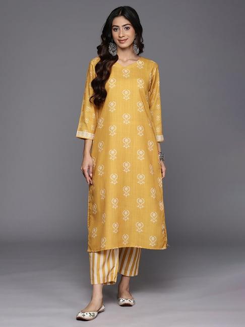 varanga mustard floral print kurta pant set with dupatta