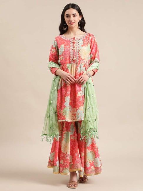 varanga coral floral print kurti sharara set with dupatta