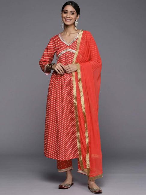 varanga red embellished kurta pant set with dupatta