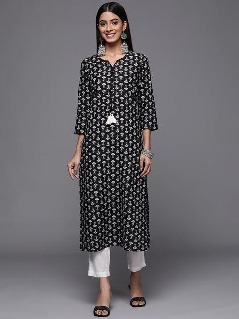 varanga black cotton floral print straight kurta