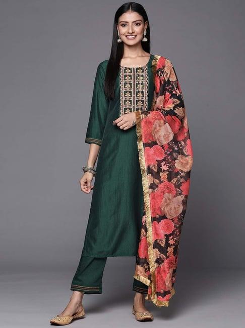 varanga green embroidered kurta pant set with dupatta